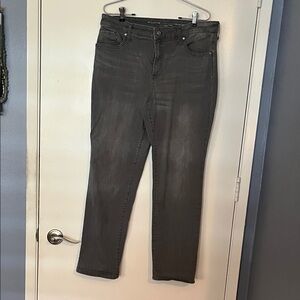 Chico’s gently worn gray jeans.